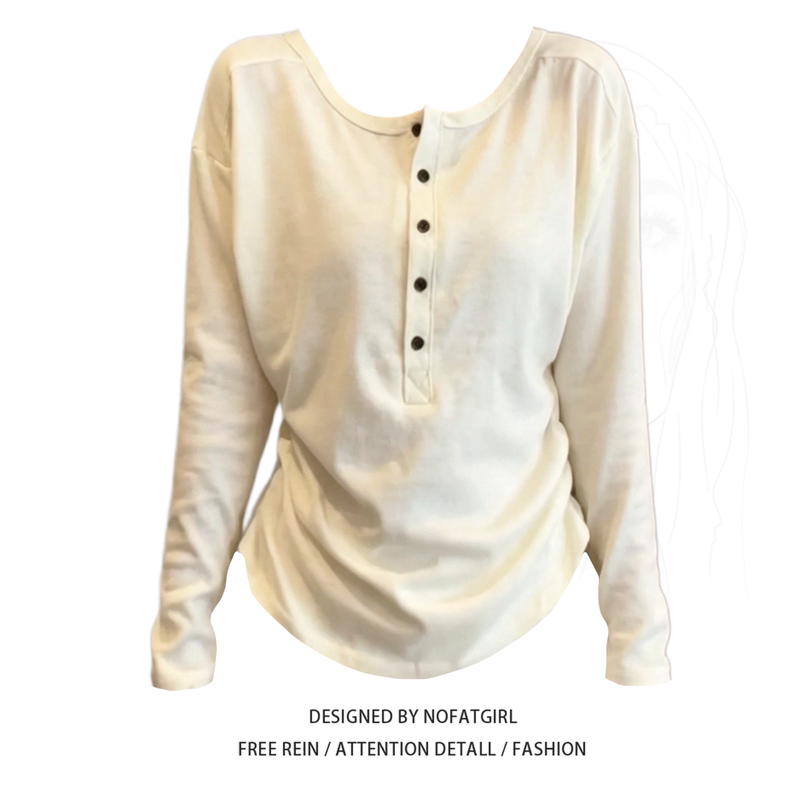 Plus-Size Korean-Style Slimming Batwing Sleeve Henry Collar Long-Sleeve T-Shirt for Women 2026 Early Autumn Ruched Waist Top