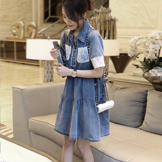 Blue Denim Dress Women's Spliced ​​Lace A-Line Temperament Shirt Skirt European Station Summer 2023 New European Products