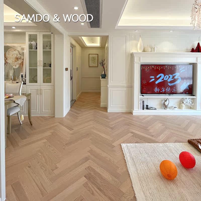 Senyu space oak human character spelling new three layers of solid wood bone puffing tea color Nordic minimally warm floor 15mm