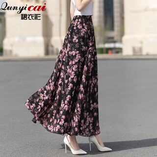 Summer Chiffon Skirt Mid-Length Retro Floral Skirt for Women with Large Hem Fairy Skirt Dancing Plus Size Long Skirt