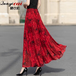 Summer Chiffon Skirt Long Retro Red Printed Women's Gauze Skirt Big Swing Fairy Skirt Dancing Plus Size Long Skirt