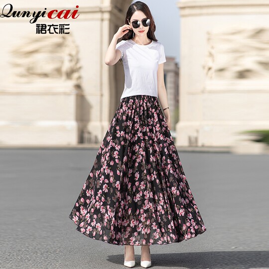 Summer Chiffon Skirt Mid-Length Retro Floral Skirt for Women with Large Hem Fairy Skirt Dancing Plus Size Long Skirt