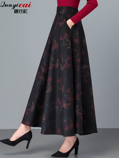 Skirt, Colorful Woolen Skirt, Women's Autumn and Winter High-Waisted A-Line Skirt, Thickened Woolen Winter Long Skirt, Mid-Length Skirt