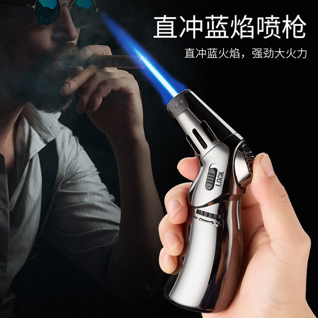 Cigar lighter inflatable windproof high temperature moxibustion blue flame straight home welding gun flame gun type cigarette lighter for men