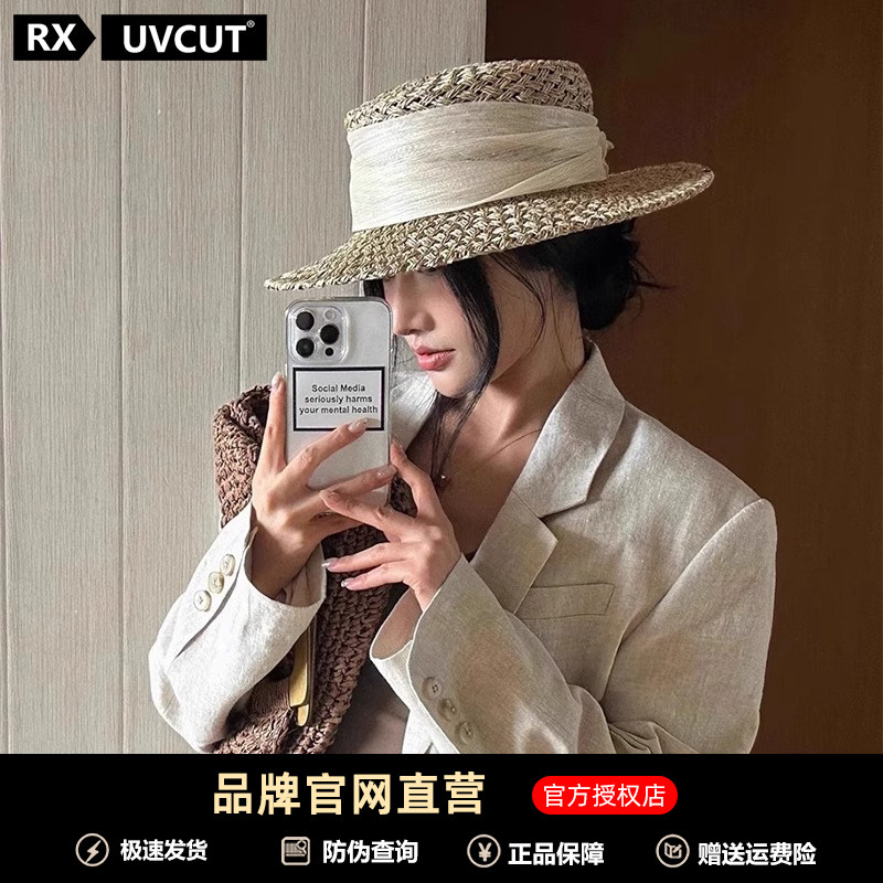 RX UVCUT в стиле старых денег, соломенная шляпа с плоским верхом, женская летняя шляпа с большой окружностью головы для отдыха на морском побережье, солнцезащитная шляпа с козырьком