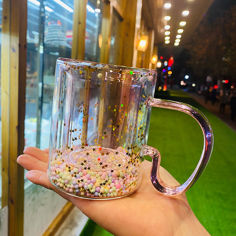 Japan-ROK Wind Girl Heart Stream sand Double glass Cup boulding sparkling water cup thermal insulation and burn-proof cup lovers' gift