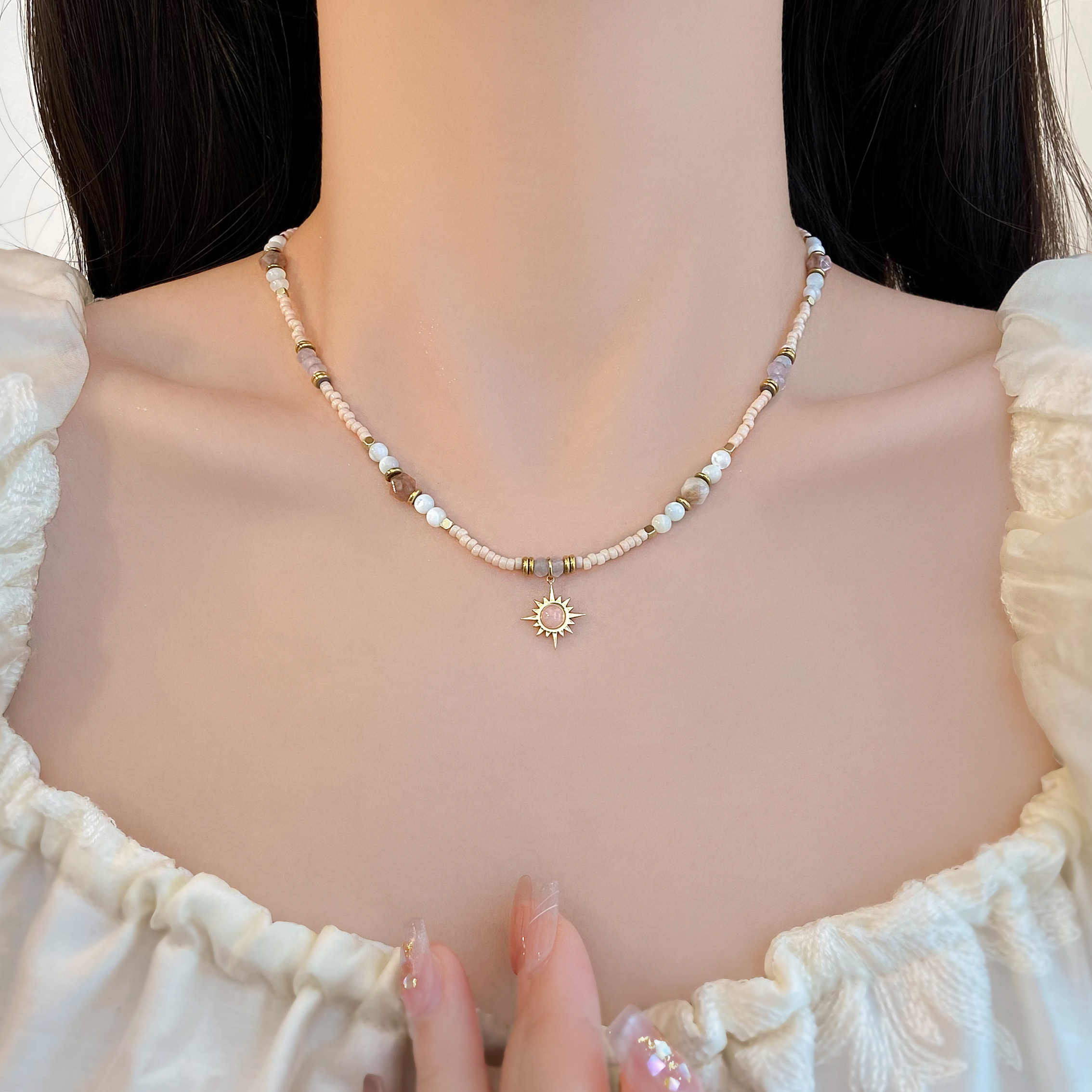Sun Beaded New Chinese Style Pearl Necklace for Women, New Light Luxury Niche High-End Clavicle Chain Accessory Choker