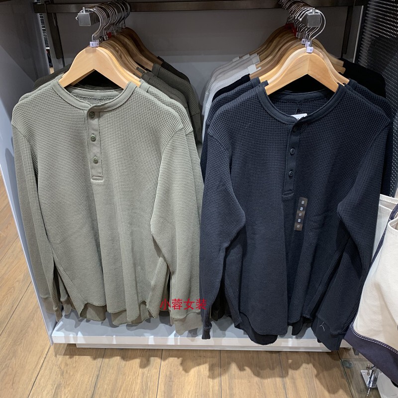 Japanese Style Men'S/Women's Spring Waffle Knit Henry Collar Pullover Long-Sleeve T-Shirt Sweatshirt Textured Base Shirt 465496