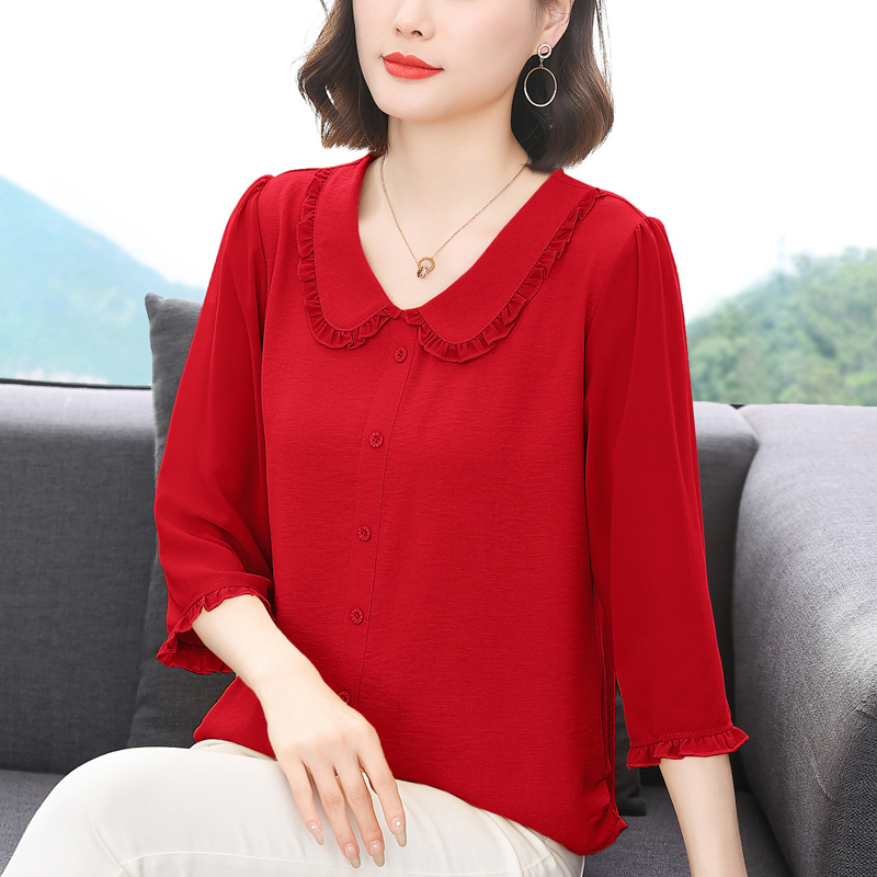 Summer New Style Doll Collar Three-Quarter Sleeve Chiffon Shirt for Women, Stylish Middle-Aged Mother's Top, Red Shirt for the Year of Birth