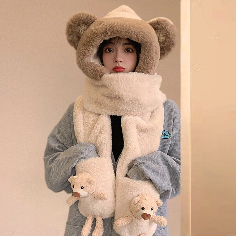 Hat scarf one female winter cute plush bear gloves hooded earmuffs scarf winter warm three-piece set