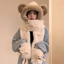 Hat scarf one woman winter cute plush bear gloves hood ear protector neck winter warm three-piece set