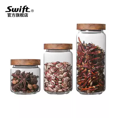 SWIFT retro Acacia wooden lid sealed cans household glass tea cans miscellaneous grains storage box kitchen storage cans