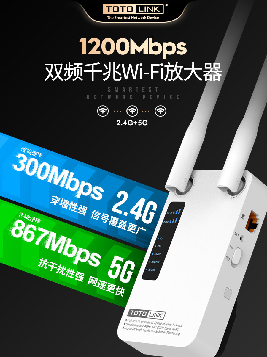 TOTOLINK Gigabit Signal Amplifier WiFi Booster 5G Extender Receive expansion Home wireless network relay Dual-band enhancement Wall king EX1200M bridge routing expansion A