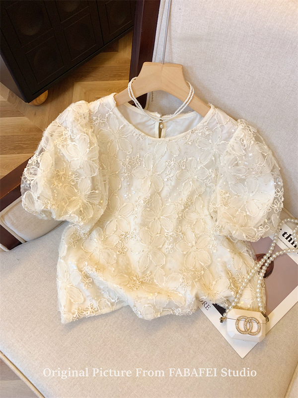 Pink Lace Blouse for Women, Summer, Chanel Style, Floral Embroidery, Sequins, Puff Sleeves, Unique and Beautiful Mesh Top