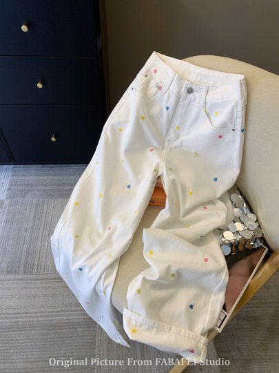 Small Floral Embroidered White Jeans for Women, 2025 Summer Design, Cuffed Straight-Leg Pants, Wide-Leg, Slimming, Floor-Length Pants