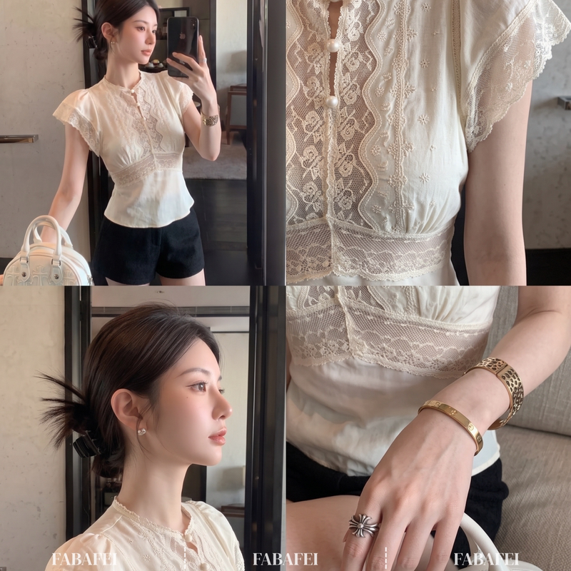 Romantic Soft Lace Spliced Satin Shirt for Women 2026 Summer New Sweet Spicy Girl Hollow Slim Short Top