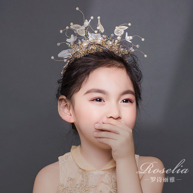 Xianmei Shiny Golden Feather Princess Crown Children's Crown Lace Butterfly Girls Show Dress Accessories