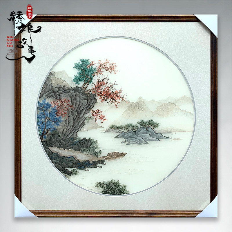 Embroidered story Su embroidery finished product hanging painting embroidery genuine silk landscape painting Living room Xuanguan Book room decoration painting Chinese style