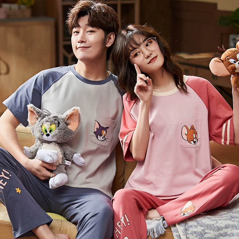 . Cặp đôi pyjama quần ngắn tay Hàn Quốc cotton mùa hè nam giới cộng với kích thước tại nhà phục vụ bộ đồ của phụ nữ phần mỏng - Giống cái