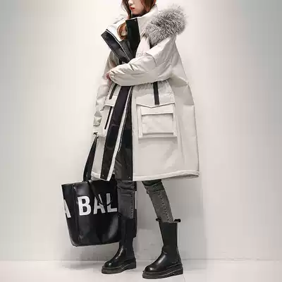 Anti-season Pike down jacket female long version over the knee 2021 new winter big hair collar white duck down waist tooling jacket