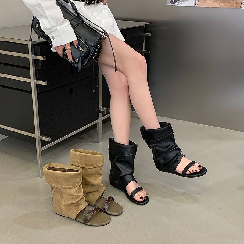 Niche Retro Short-Tube Stacked Sandals for Women, 2026 Summer New Style, Hidden Heel, Single Strap, Open-Toe Sandals, Short Boots