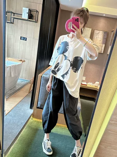 Очень большие мультяшные штаны, летняя одежда, большой размер, подходит для полных девушек, с вышивкой, свободный крой