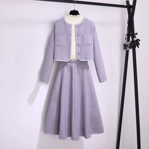 Куртка, осенний комплект, юбка, большой размер, подходит для полных девушек, в стиле Шанель, высокая талия