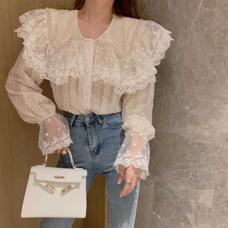 Extra Large Size 150kg Plus-Size Girl's Lace-Trimmed French-Style Shirt for Women, Spring and Autumn Doll Collar Long-Sleeved Top 240
