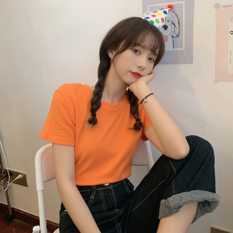 Spring/Summer 2021 new solid color Korean version women's T-shirt loose thin and versatile multi-color base crew neck short-sleeved top