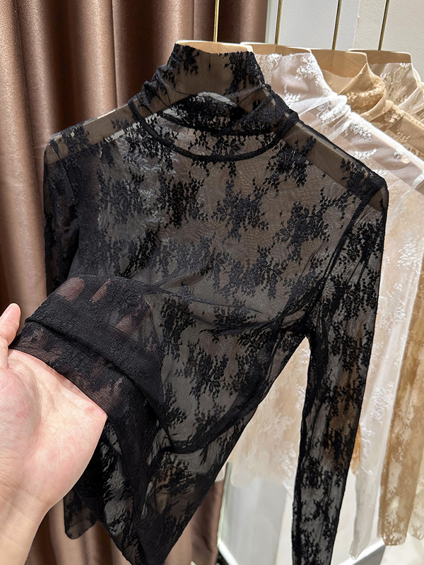 Black High-Neck Lace Base Shirt for Women, New High-End Inner Wear, See-Through Hollow-Out Gauze Shirt, Classy Long-Sleeved Mesh Top