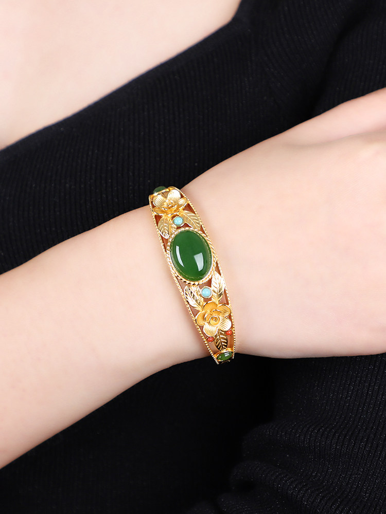 NATURAL HETIAN JADE JASPER SILVER BRACELET FEMALE EXQUISITE MOTHERS JASPER OPEN SIZE BRACELET BIRTHDAY GIFT