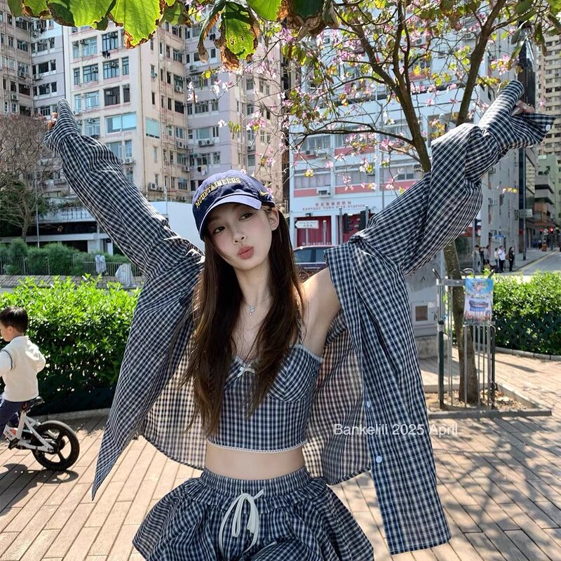 Chestnut Cocoa Bankelili 4.8/20 Points Film Holiday Lazy Plaid Shirt with Suspenders + Shorts Set