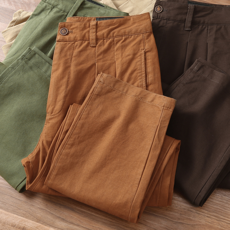 Amei Casual Washed Cotton Double-Pleated Tapered Casual Pants, Spring and Autumn American Retro Twill Slim-Fit Work Pants for Men