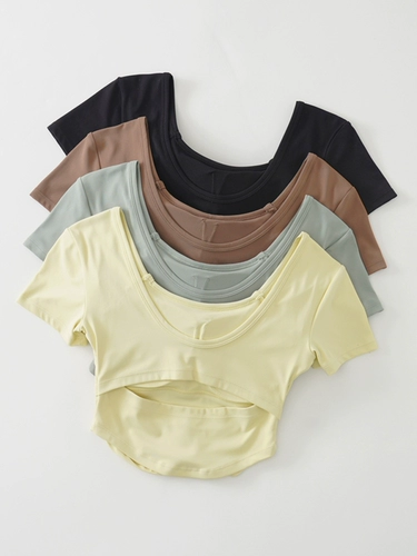 Одежда для йоги, спортивная футболка с коротким рукавом, вставки в бюстгальтер для спортзала, для бега, по фигуре, облегающий крой