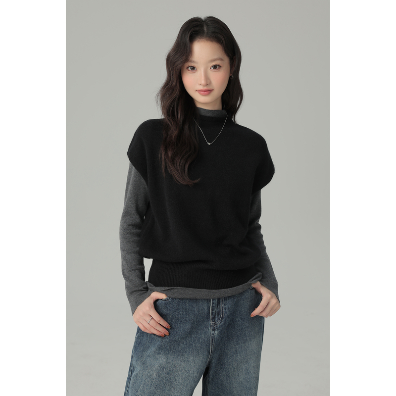Fan Yiye Layered Chic Short-Sleeved Vest Wool Half-High Collar Casual Knitted Top Pullover Sweater for Women Fan Yiye Layered Chic Short-Sleeved Vest Wool Half-High Collar Casual Knitted Top Pullover Sweater for Women