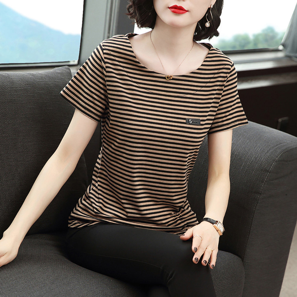 Middle - aged mother pure cotton short sleeve t shirt 2022 new loose striped loose coat in summer