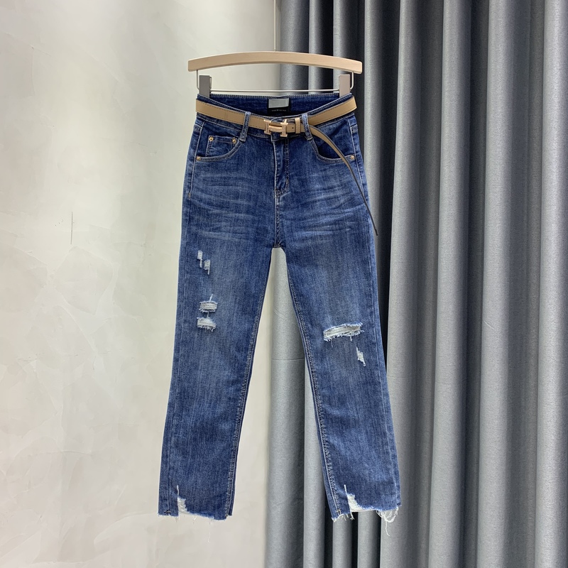 European Style High-Waisted Straight-Leg Jeans for Women, Cropped Length, Petite Size, Fashionable Ripped Design, Stretchy, Slimming Cigarette Pants, Trendy ins