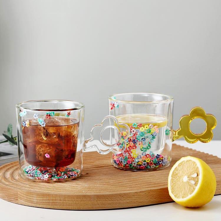 Quicksand heart transparent love bobo cup cute high-value floating water cup glass Bobo cup mug