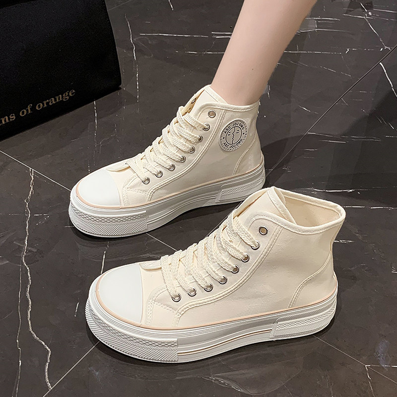 European Station High Help Canvas Shoes Woman Spring Autumn Season Breathable Sports Casual Pine Pastry Cloth Shoes Thick Bottom Cream 100 Hitch Plate Shoes-Taobao