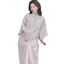 New Chinese style national style retro suit skirt summer Zen womens fairy tea suit for women small improved cheongsam two-piece set