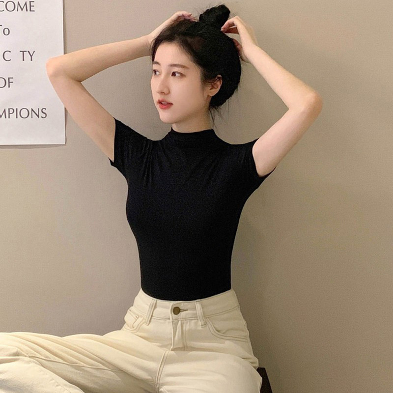 Modal Black Half-High Collar Short-Sleeve T-Shirt for Women, Summer Thin Style, Regular Shoulder, Mid-Neck Top, Slim-Fit Half-Sleeve Base Shirt