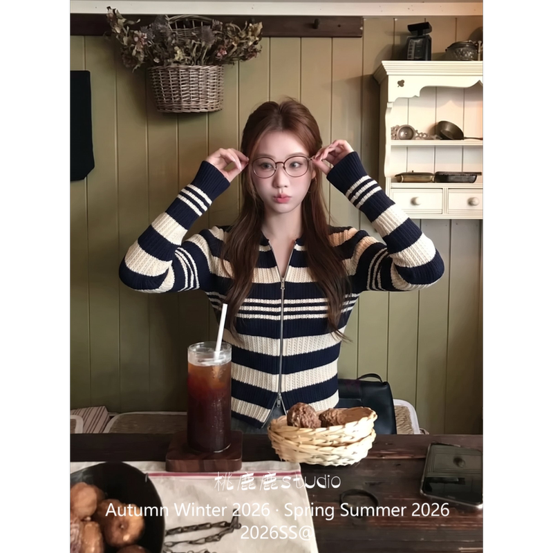 Tao Lulu Alluringstripes Wool Double-Zipper Hollow Hoodie Women's New Autumn Striped Jacket