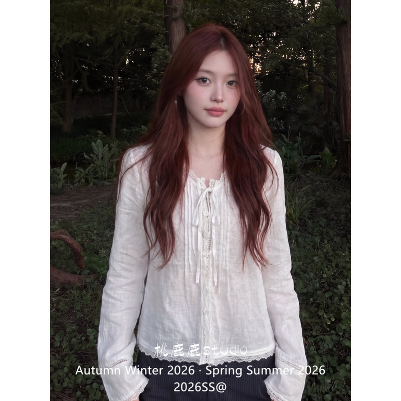 Tao Lulu Cream Lace Patchwork Linen Shirt for Women, Autumn Korean Style White Design Casual Long Sleeve Top