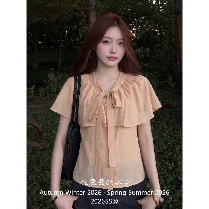 Peach Deer Linen Texture Cape Lyocell Ruched Ruffle Tie Short Sleeve Shirt Women's Summer Breathable Top