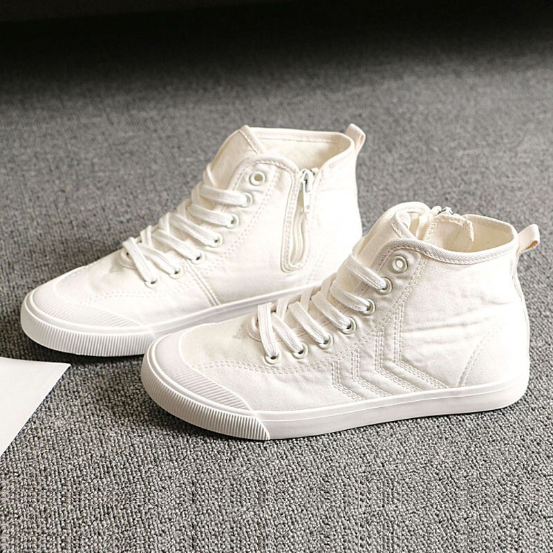 2026 Spring/Summer Canvas Shoes Women's Korean Style High-Top Lace-Up Zipper Flat Student Casual Sneakers Single Shoes White Shoes 2026 Spring/Summer Canvas Shoes Women's Korean Style High-Top Lace-Up Zipper Flat Student Casual Sneakers Single Shoes White Shoes