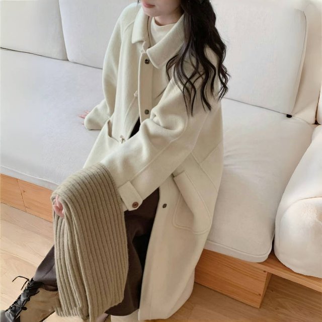2025秋冬季新款白色双面羊绒大衣女中长款高级感宽松毛呢外套休闲