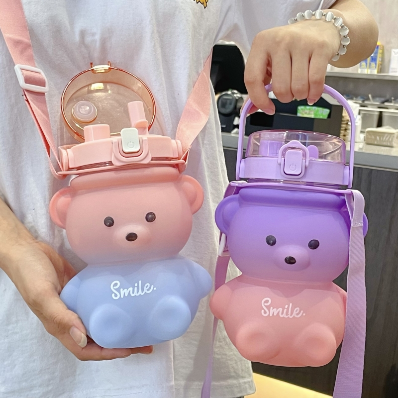 Gradient color lovely bear cup summer large capacity girls high-value plastic straw cup portable belly cup