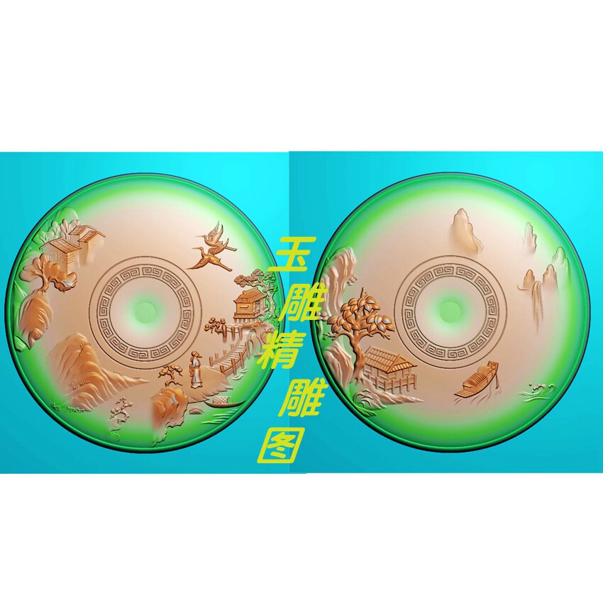 Landscape figure Yu Pei small bridge flowing water house pendant brand round brand jade carving safe buckle fine carving relief on both sides