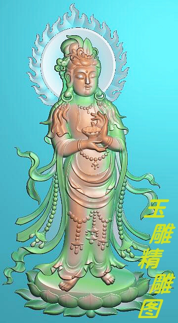 Jade Sculpture computer engraving finely carved and carved wood sculptures with flame backlit light side Standing Lotus seat station Guanyin