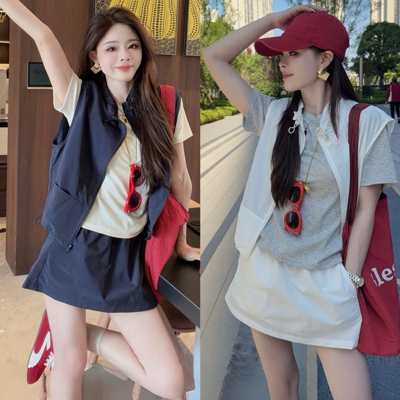 Summer Korean-Style Fashion Sports Casual Suit for Women, Sleeveless Vest, T-Shirt, Skirt Three-Piece Set